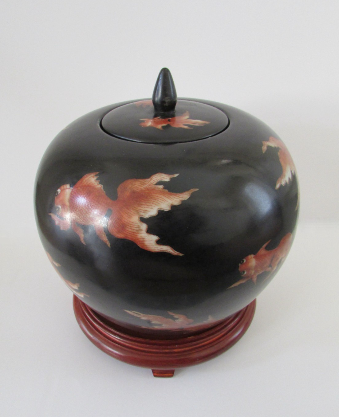 VTG Neiman Marcus Hong Kong Asian Chinoiserie Black Koi Qing Ginger Jar