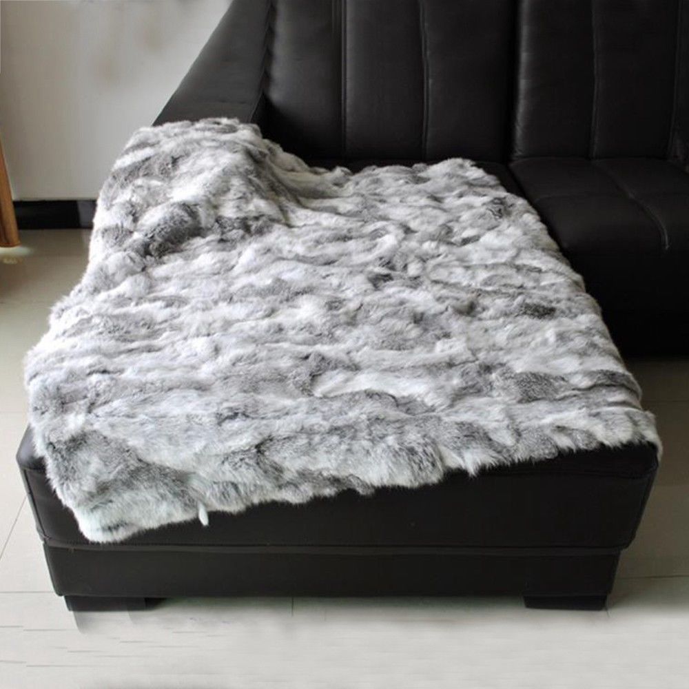 Real Rabbit FUR Throw Blanket Patchwork Skin Fur Rug 42" x 22" Pelz Leather Pelt