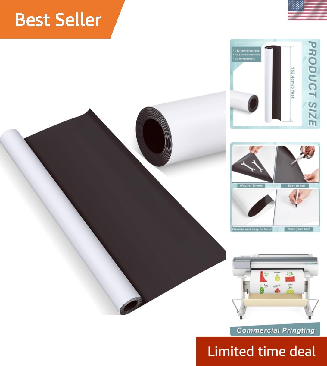Blank White Surface Magnet Sheets 16 Inch x 5 Feet, 30 Mil Magnetic Roll Prin...