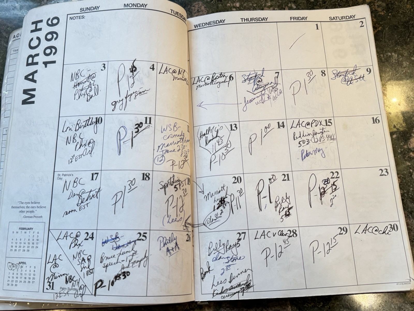 Bill Walton Personally Owned & Signed 1995-1996 NBA Sports Monthly Planner NBC