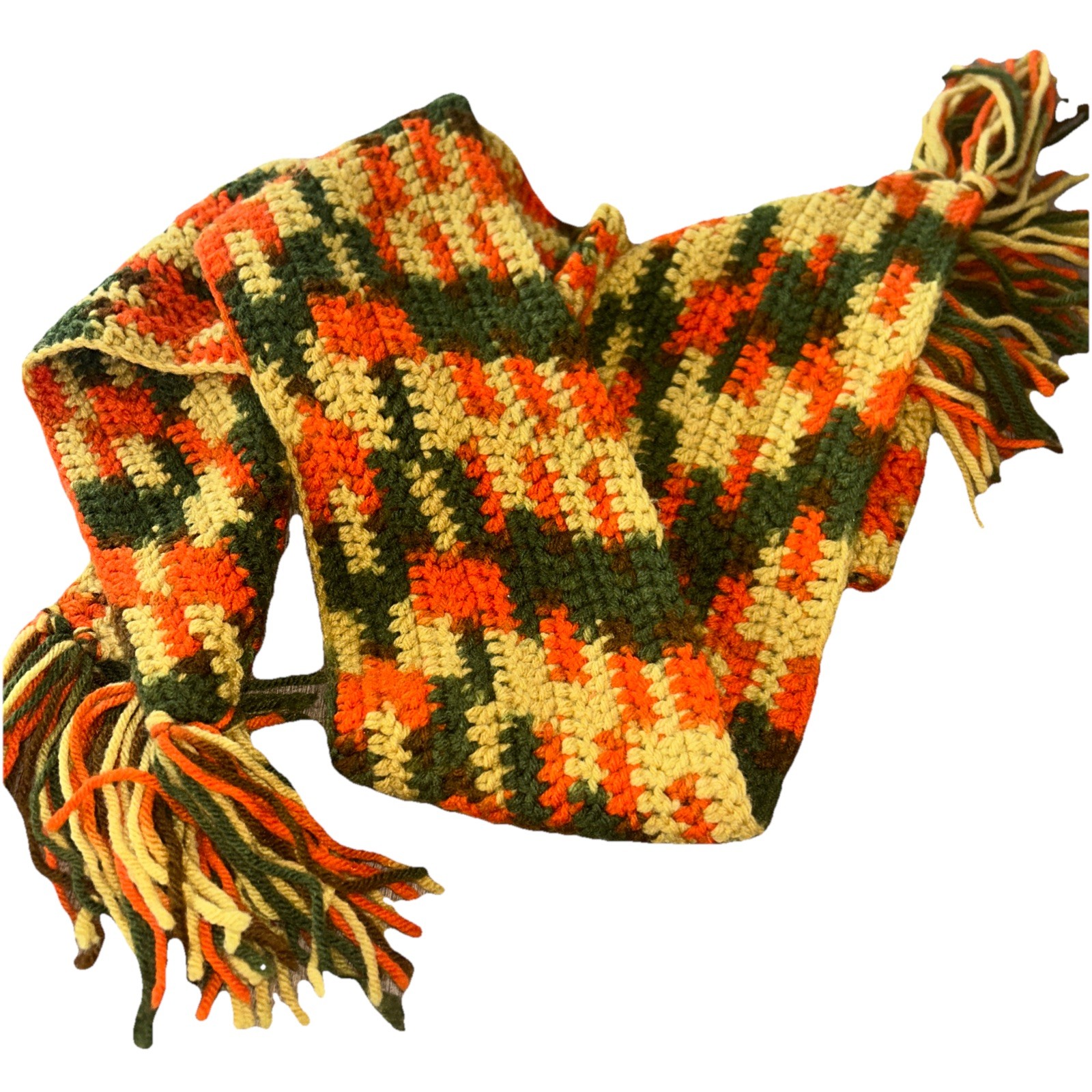 Vintage Hand Crochet Scarf Fall Colors 64” Hippie Hobo 70s Pumpkin Orange Yellow