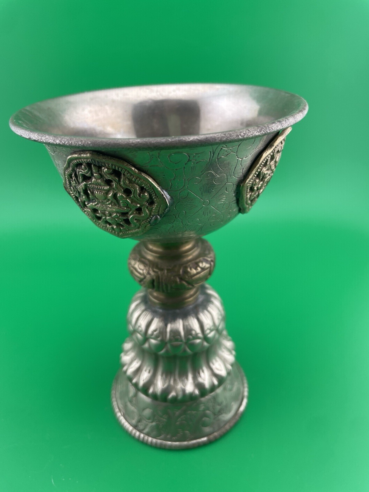 Vintage Tibetan Buddhist Butter Oil Alter Lamp Ornate Repousse Etched Designs