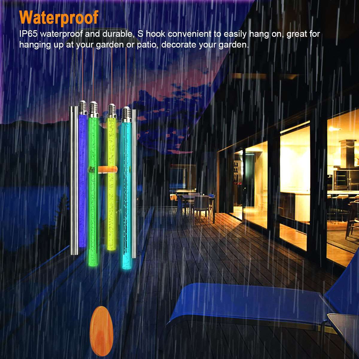 Color Changing Solar Wind Chimes LED Lights Large Deep Tone Resonant Bell Tubes