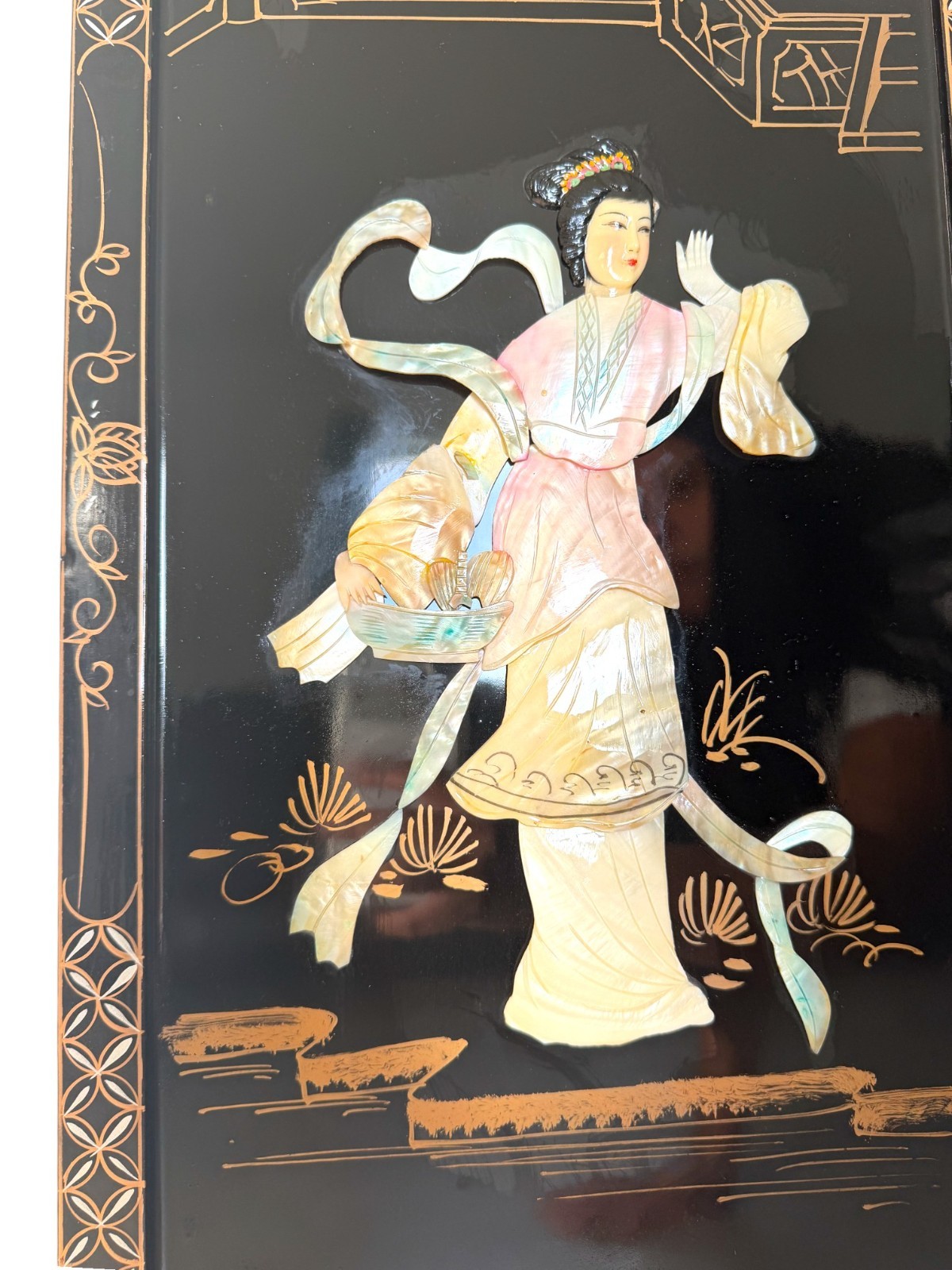 Vintage Chinese Black Lacquer Wall Panels 12x36 Mother of Pearl Inlay Set of 2