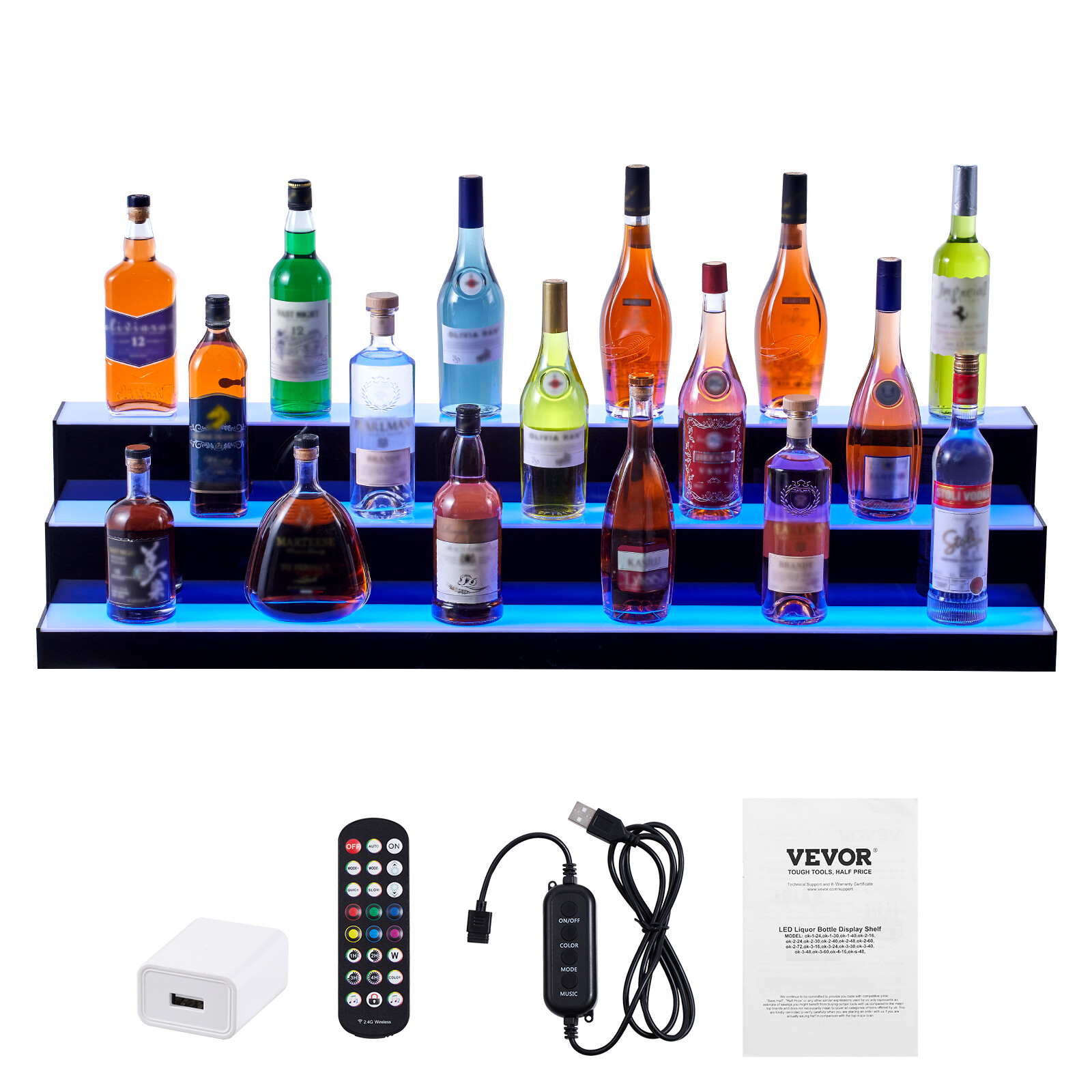 VEVOR LED Lighted Liquor Bottle Display Bar Shelf RF & App Control 48" 3-Step