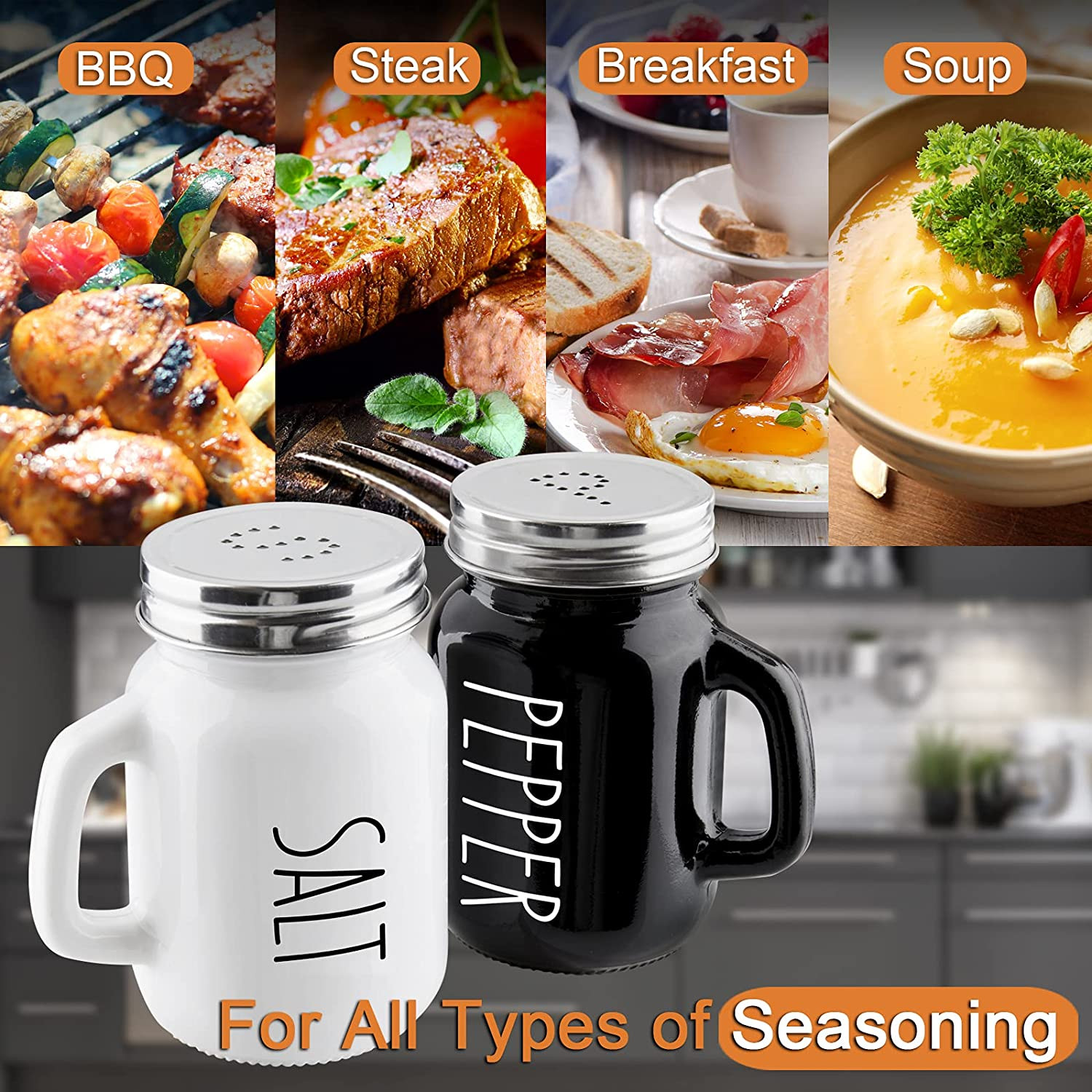 Salt and Pepper Shakers Set, 4 Oz Cute Glass Black White Sets Stainless Lids