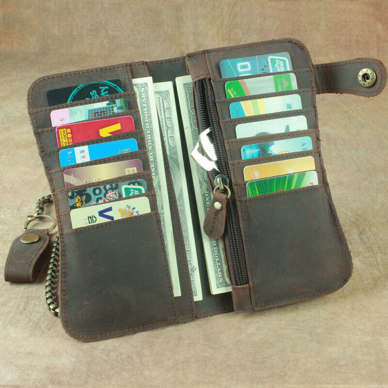 Men Leather Credit ID Cards Holder Long Chain Wallet Biker Trucker Heavy Thick S