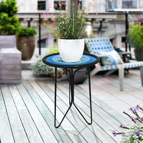 Outdoor Side Tables, 12" Weather Resistant Small Balcony Table Patio Side Blue