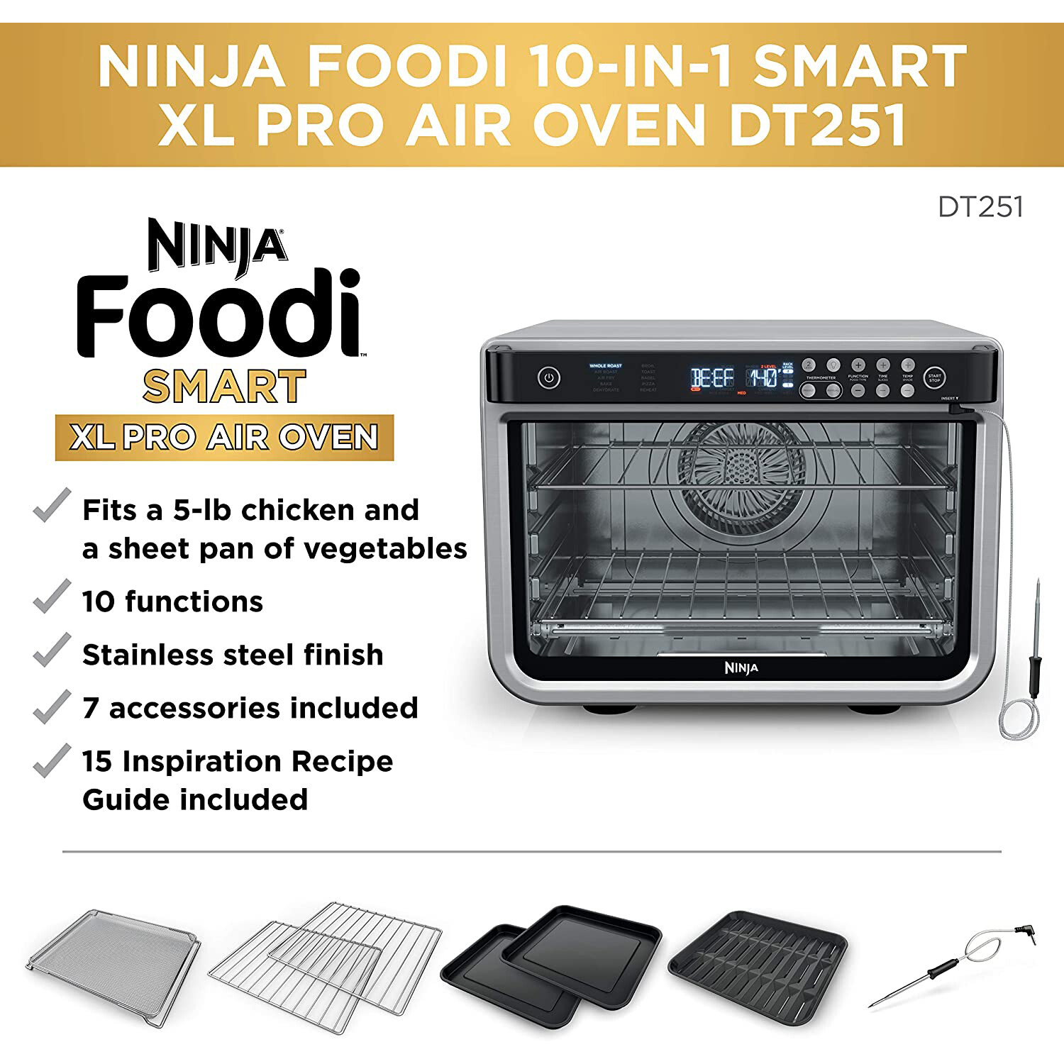 Ninja DT251 Foodi 10-in-1 Smart XL Air Fry Oven, Bake, Broil, Toast & Roast