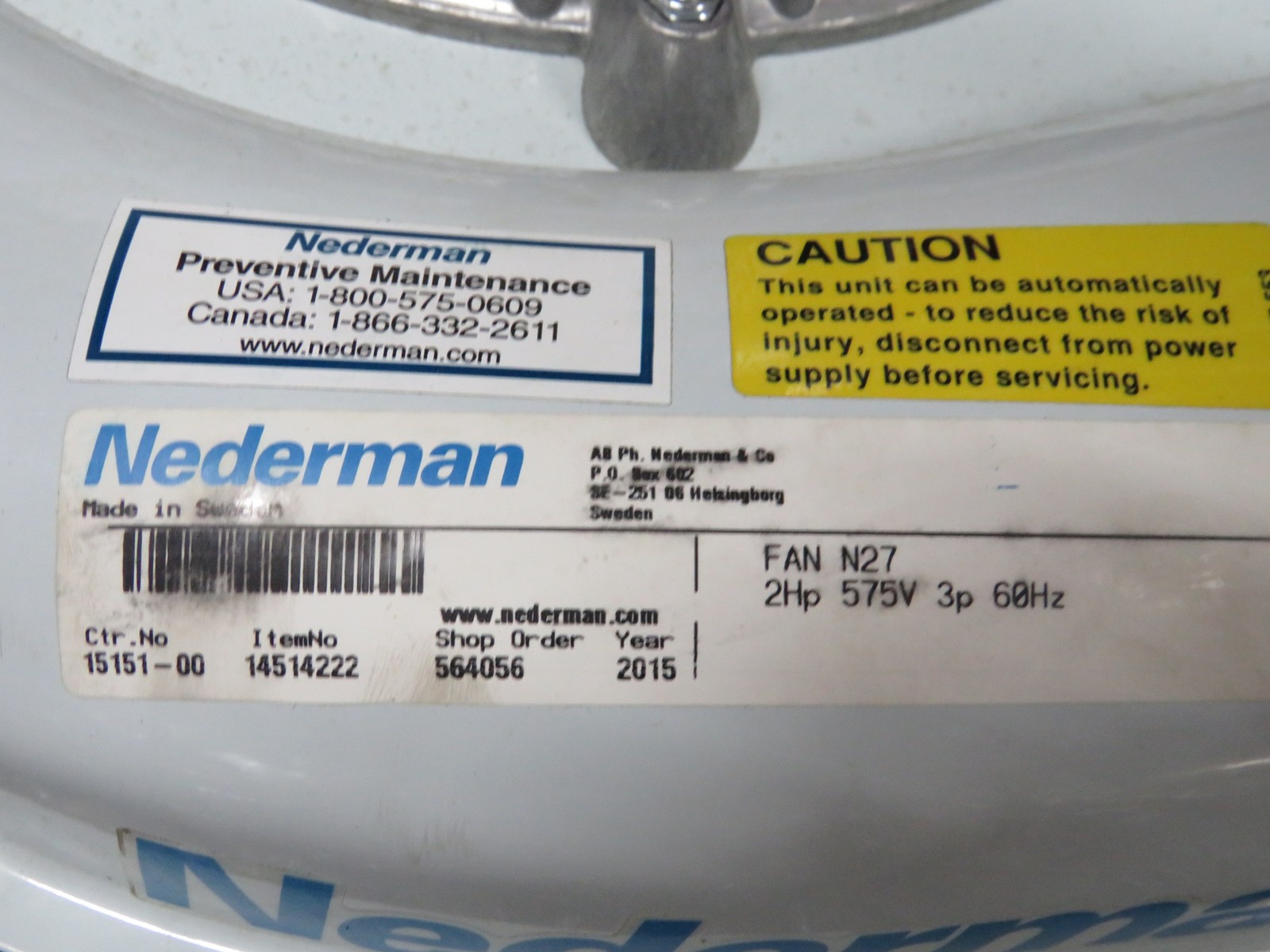 Nederman 14514222 N27 Fan Assembly 330/575V 3.9/2.2A 3-Ph NOP