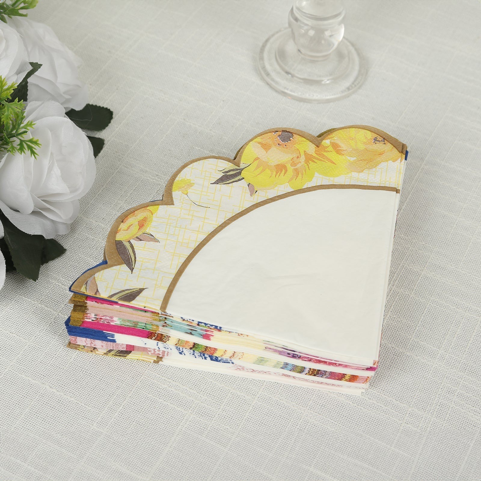 48 FLORAL MIXED Paper Cocktail Napkins with Vintage Scalloped Edges Wedding