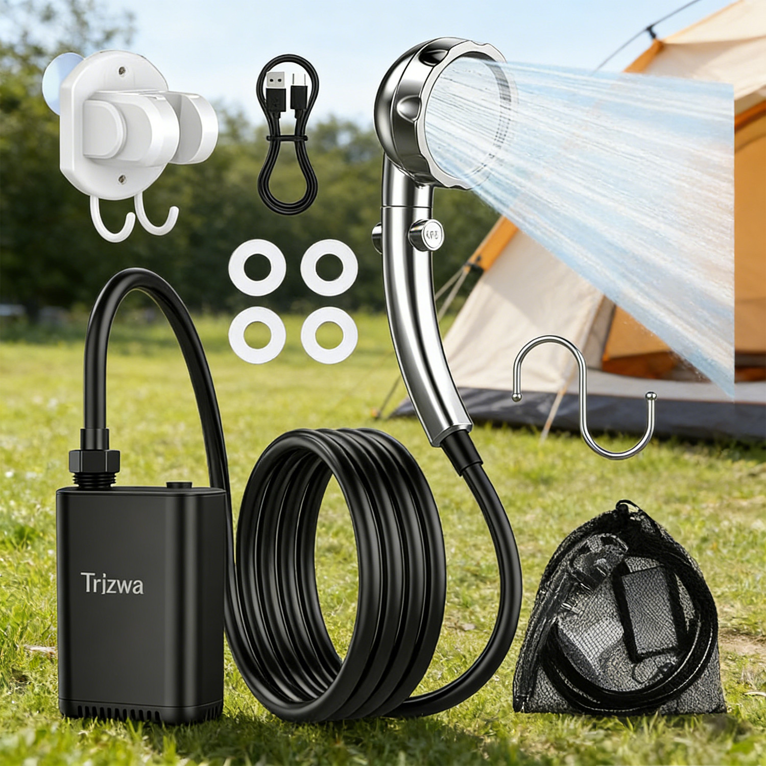 Portable Camping Shower Pump Rechargeable, Adjustable Shower Head Outdoor Travel