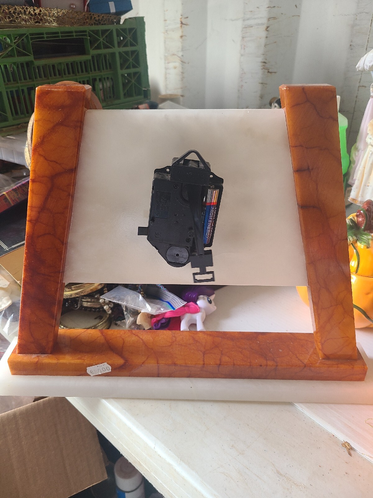 VIntage White And Brown Marble Mantle Clock MCM Pyramid Mid Century