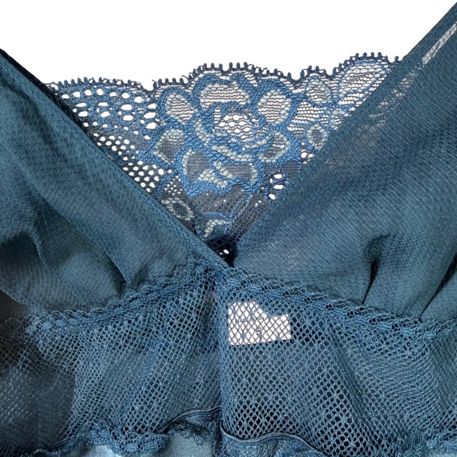 Victoria's Secret Angels Slip Dress Nightie S Teal Satin Lace Trim Ruffle Hem