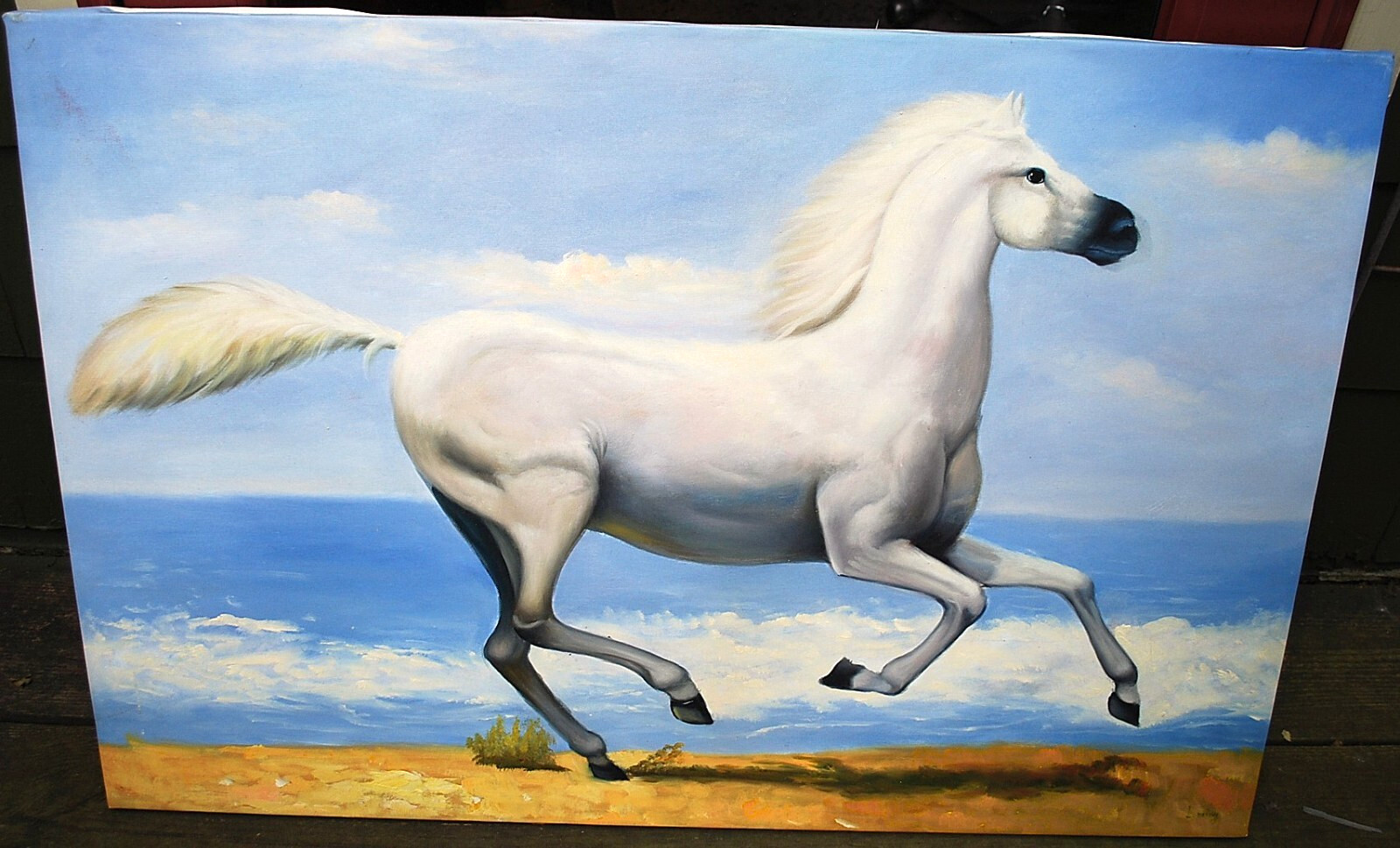 HORSE RUNNING ALONG OCEAN Original Art ACRYLIC PAINTING/CANVAS Signed 36" x 24"