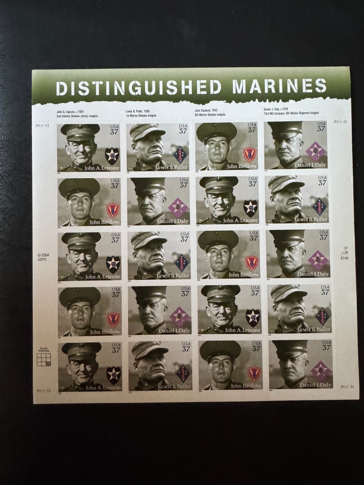 Scott #3961-3964 Distinguished Marines Pane of 20 37¢ Stamps (2005)