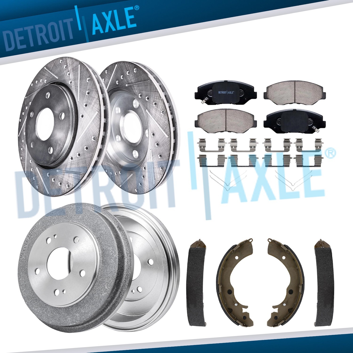 11.10'' Front Drilled Disc Rotors Drums Brake Pads Shoes for Honda Accord Fit