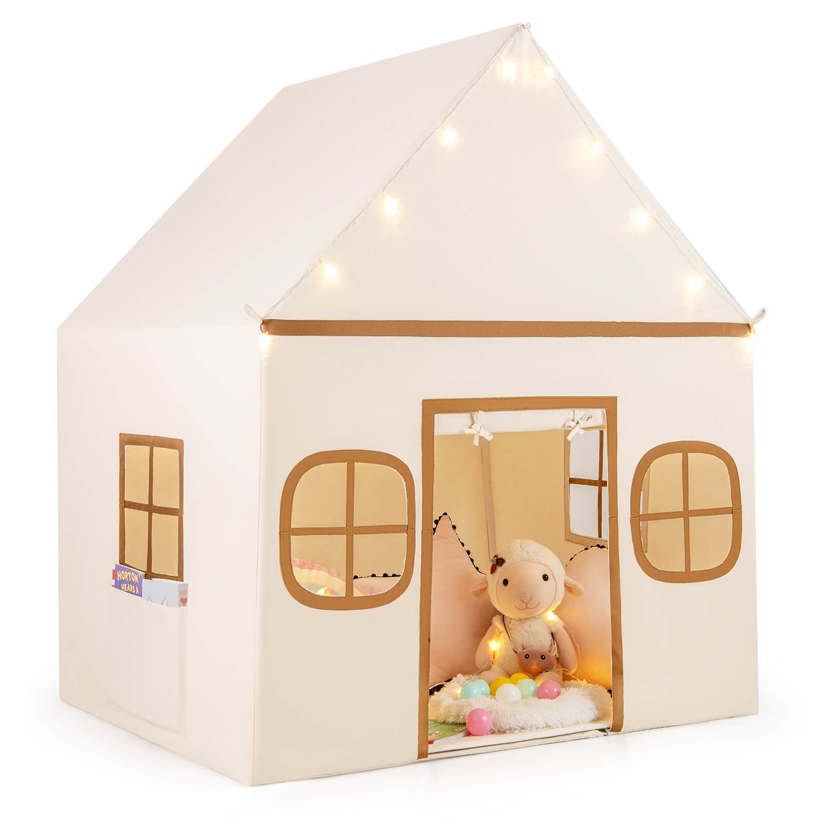 Kids Play Tent with Padded Mat, Star Lights, Side Storage Bags, Door & Windows
