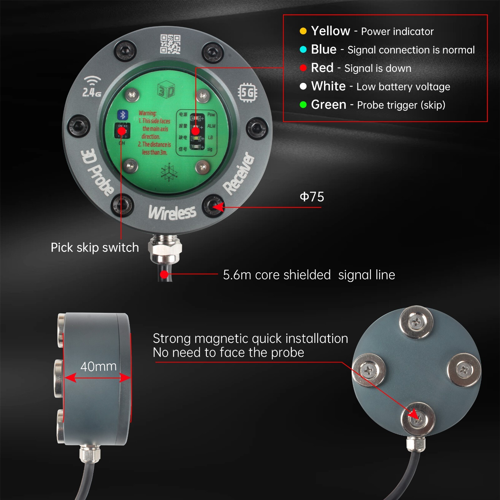 「US」 3D Wireless Edge Finder Touch Probe to Find Center Coordinate 0.001mm IP67