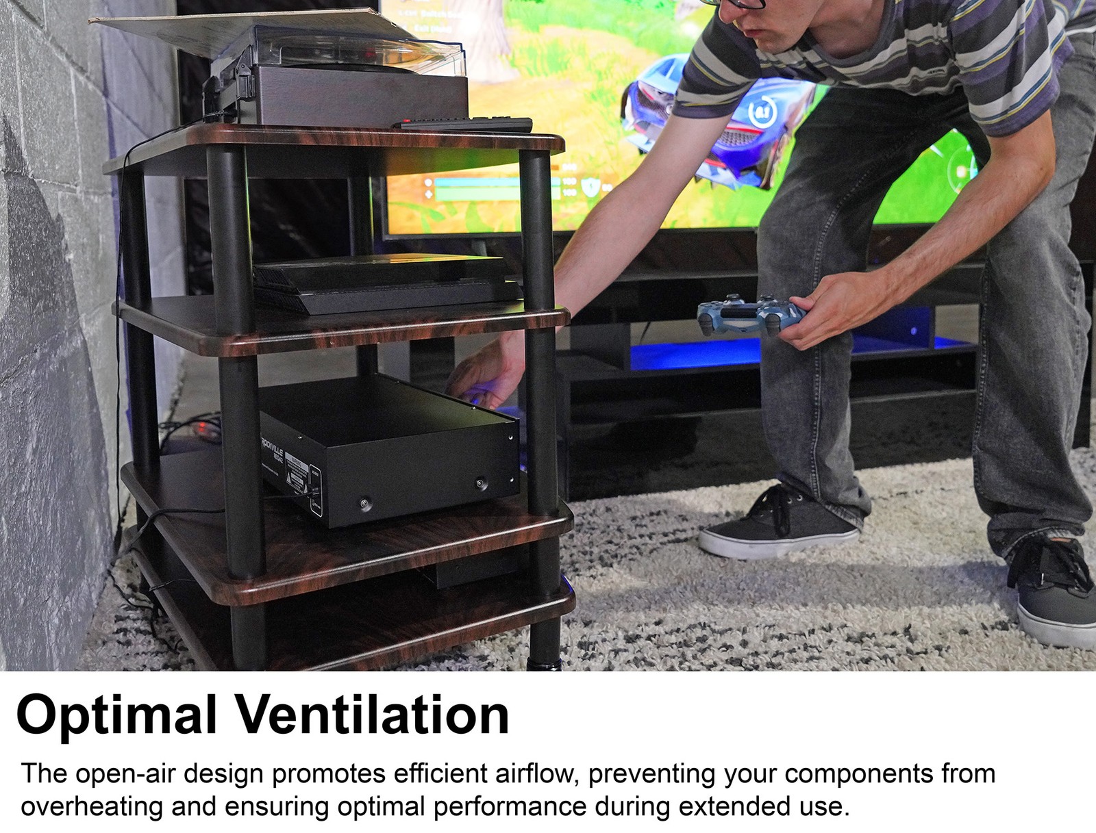 Rockville FLX Dark Wood Adjustable Height 4 Shelf Home Theater Audio Rack Stand