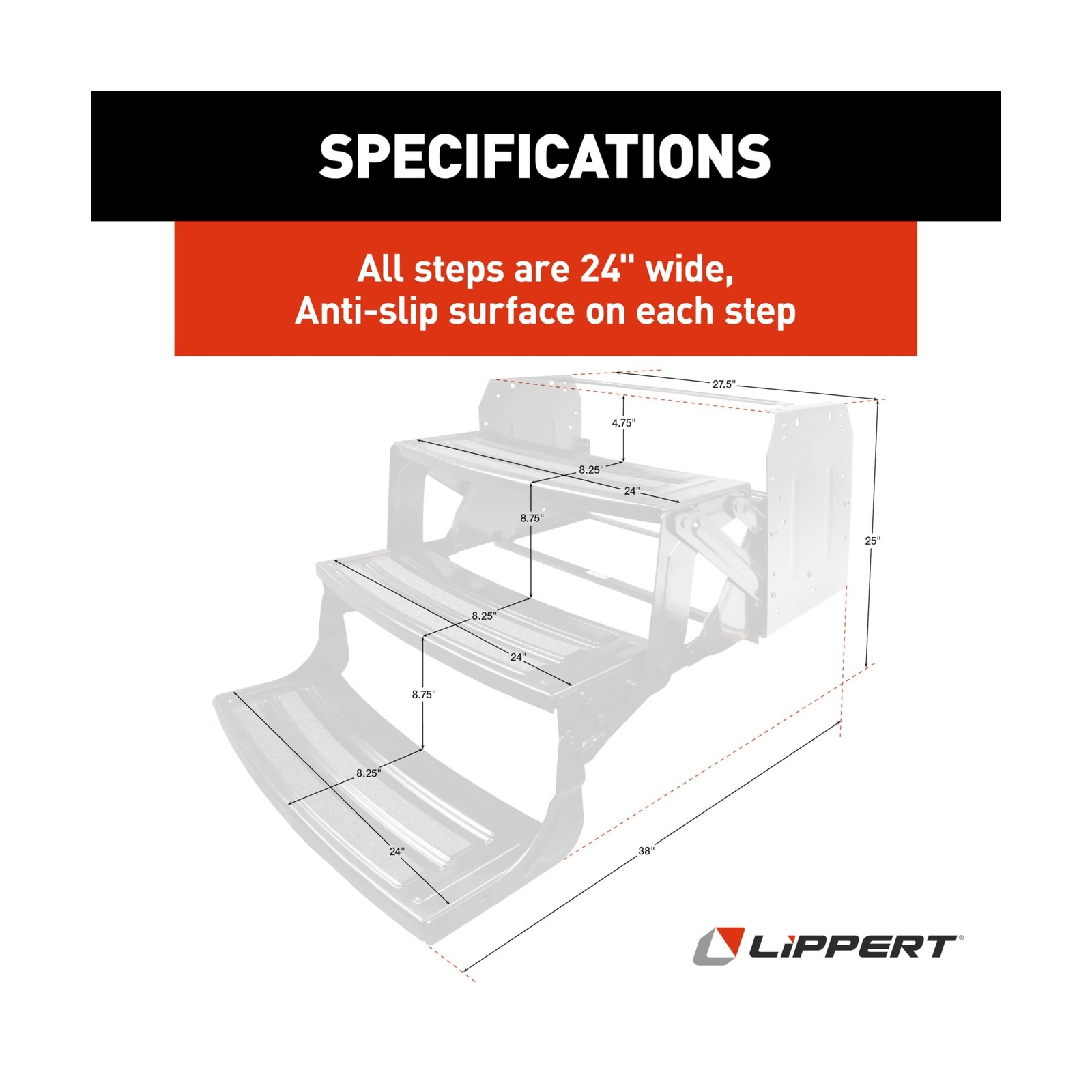 Lippert 24" Radius Triple Manual RV Steps, 9" Rise for 5th Wheel RVs, Travel ...