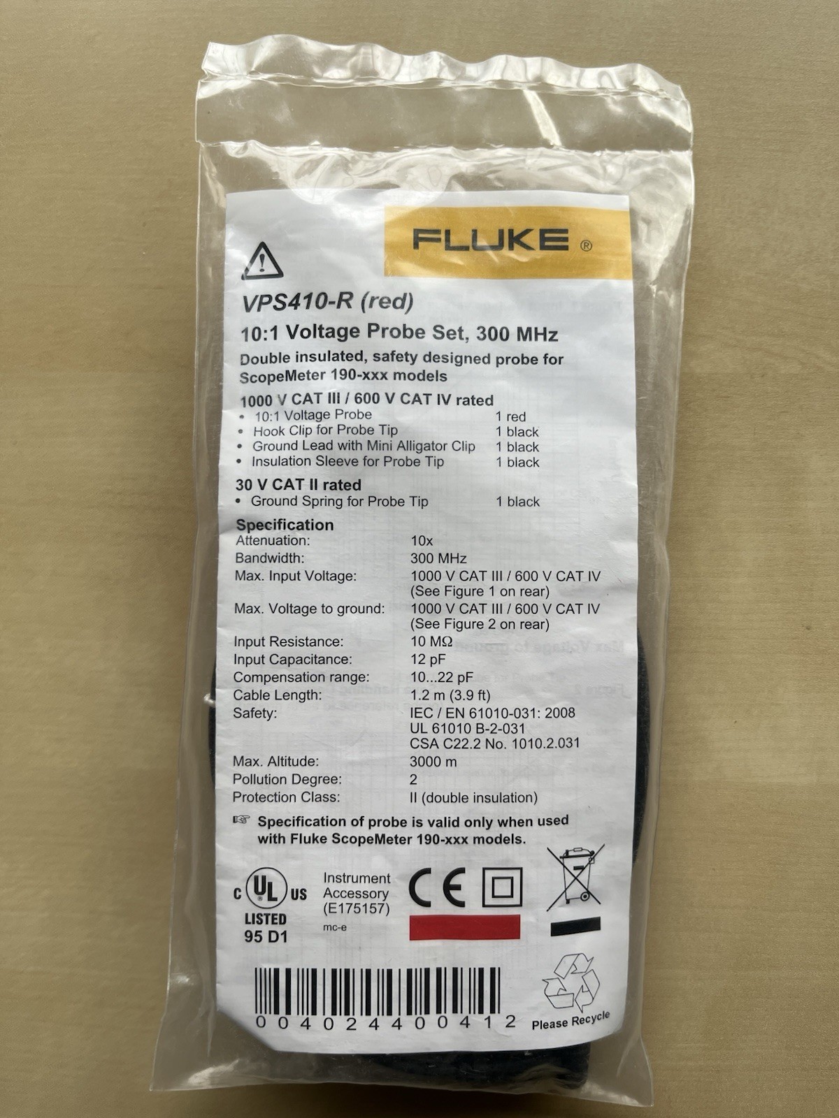 Fluke VPS410-R 10:1 Voltage Probe Set 300 MHz for ScopeMeter 190 Series