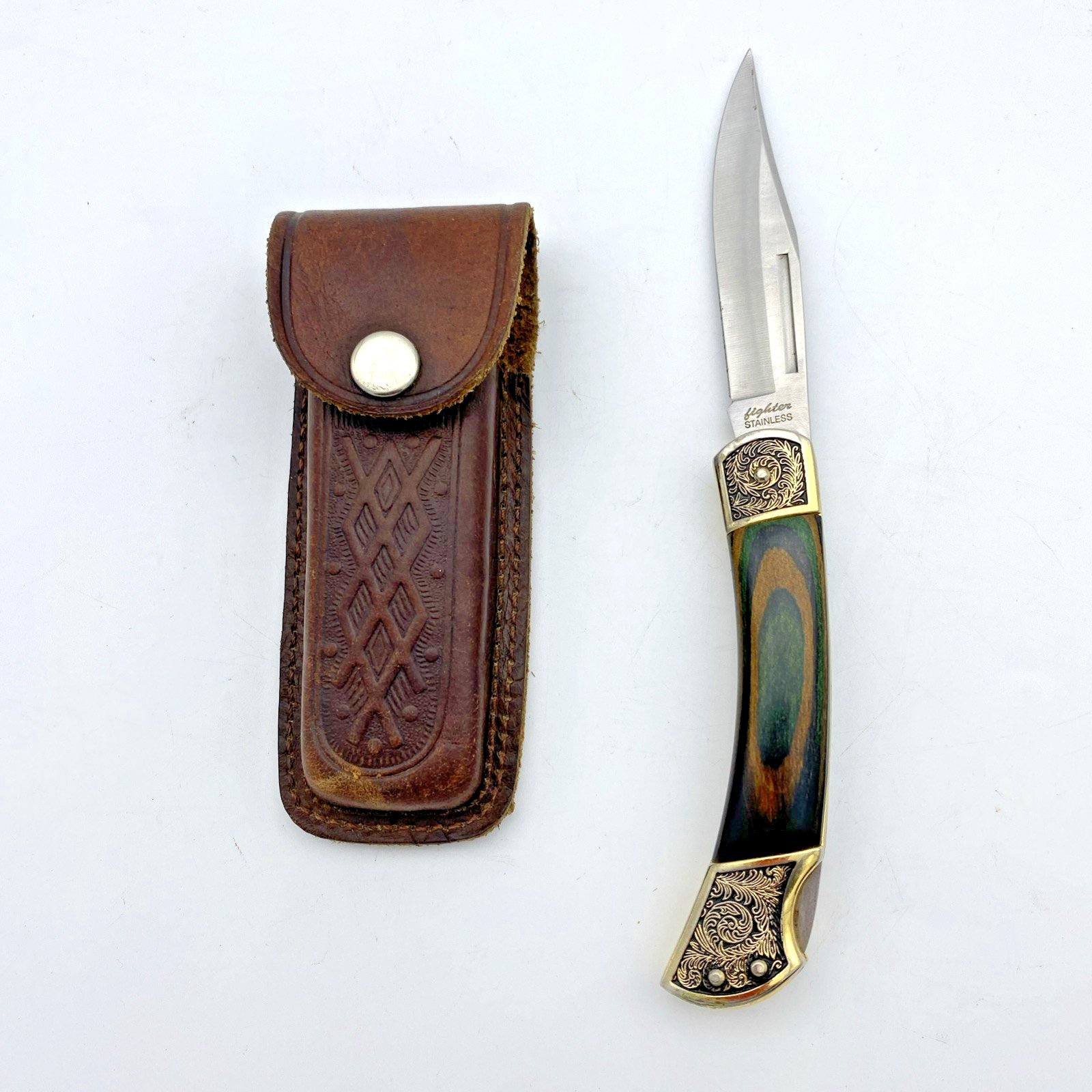 Fighter Folding Pocket Knife 4 Inch Blade  Stainless Steel Blade w/ Sheath VTG