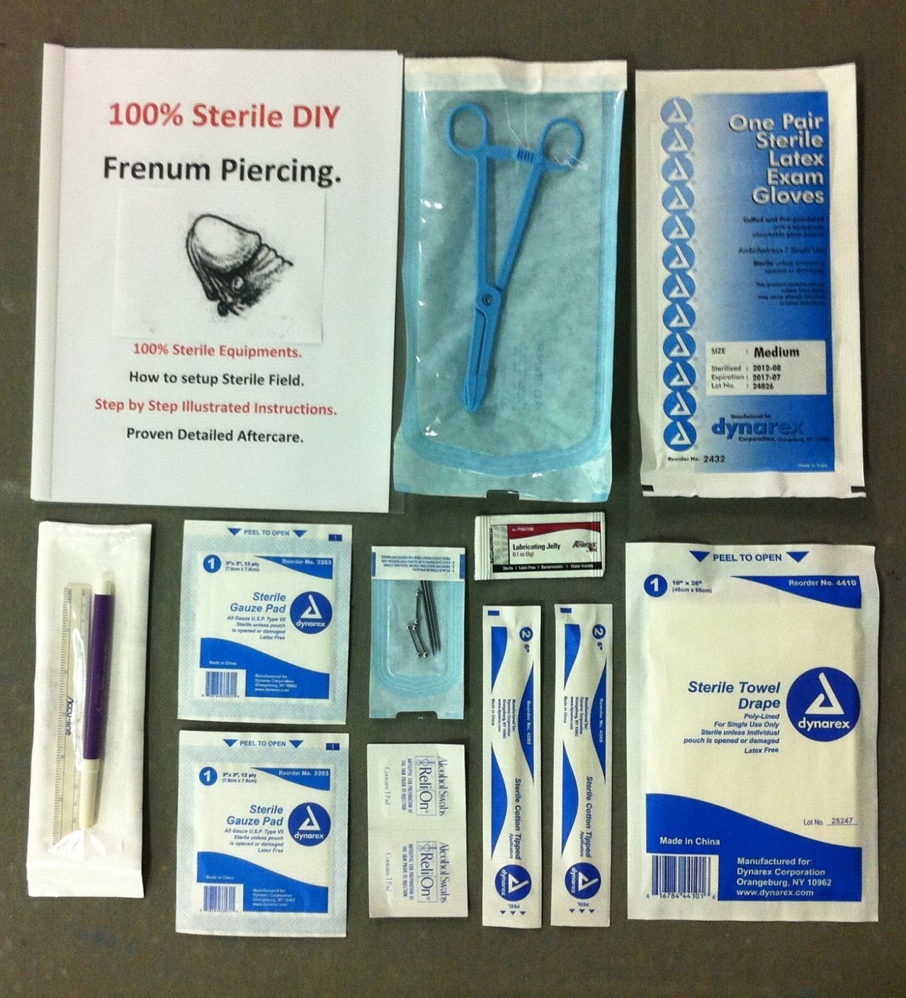 DIY EASY, SAFE & STERILE 3 FRENUM w 14G Barbells PIERCING KIT w Forceps & GUIDE.