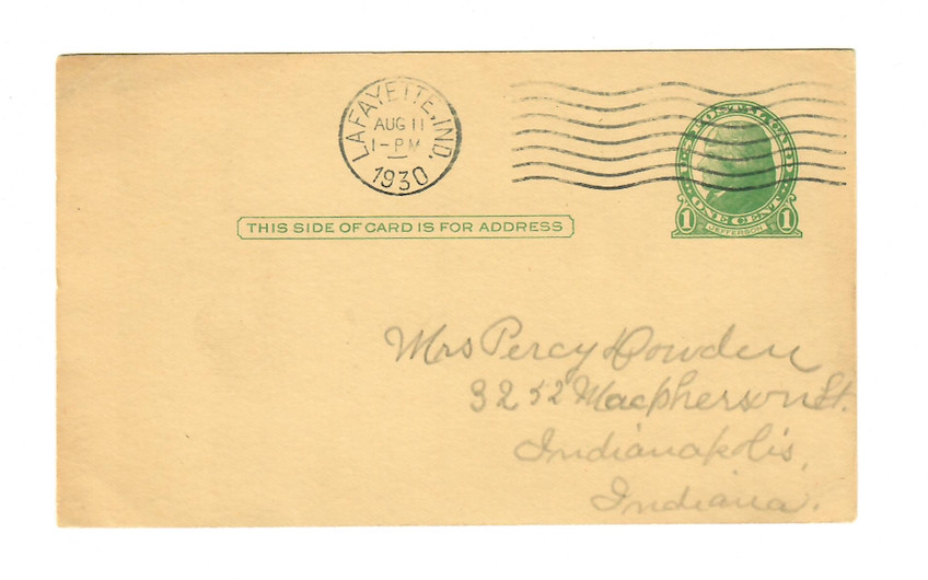 1930 Lafayette Indiana Postal Card 1c Indicium Indianapolis Handwritten (C096)