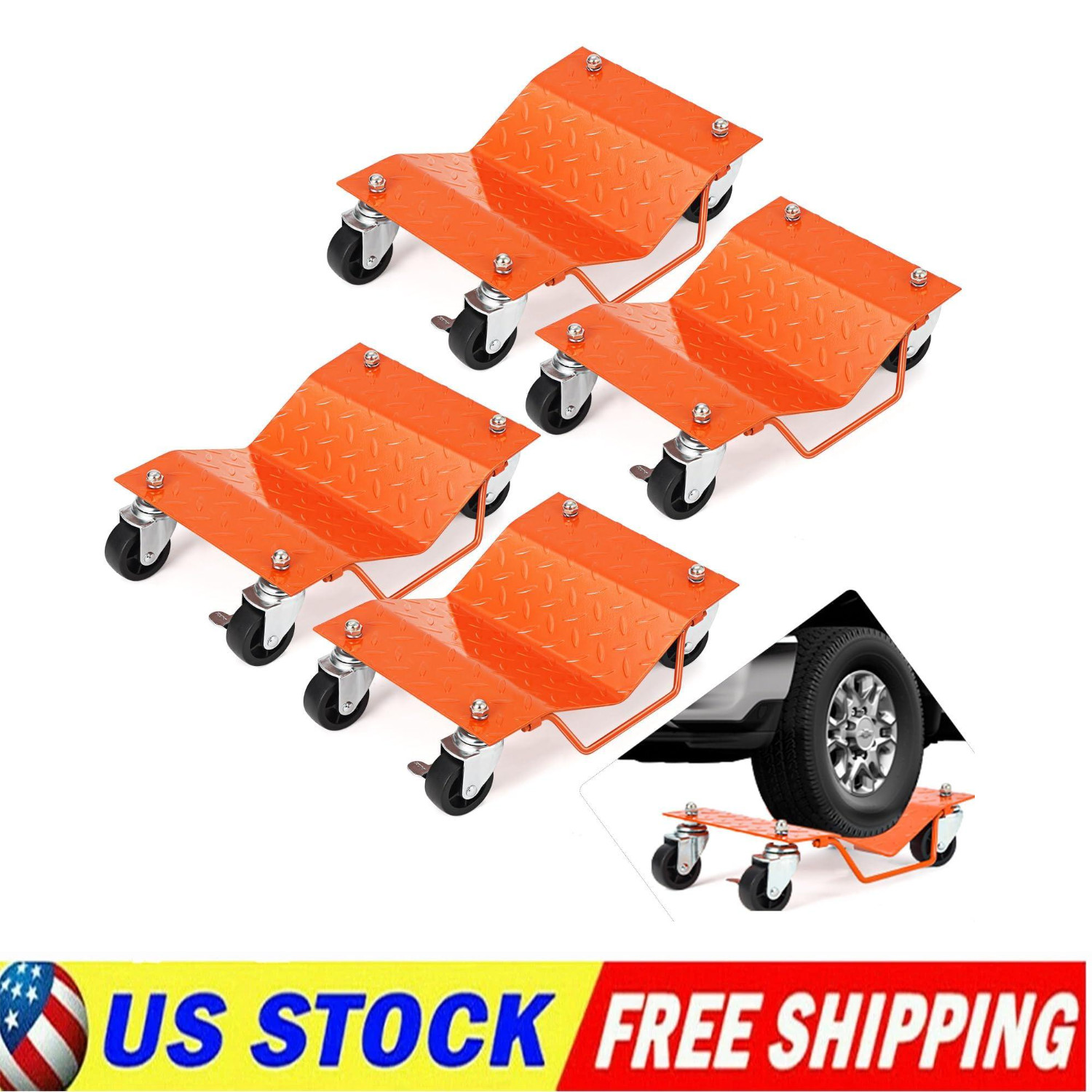 4 PC Heavy-Duty Car Wheel Dolly Set Dual-Lock Brakes & Casters Auto Repair Mover