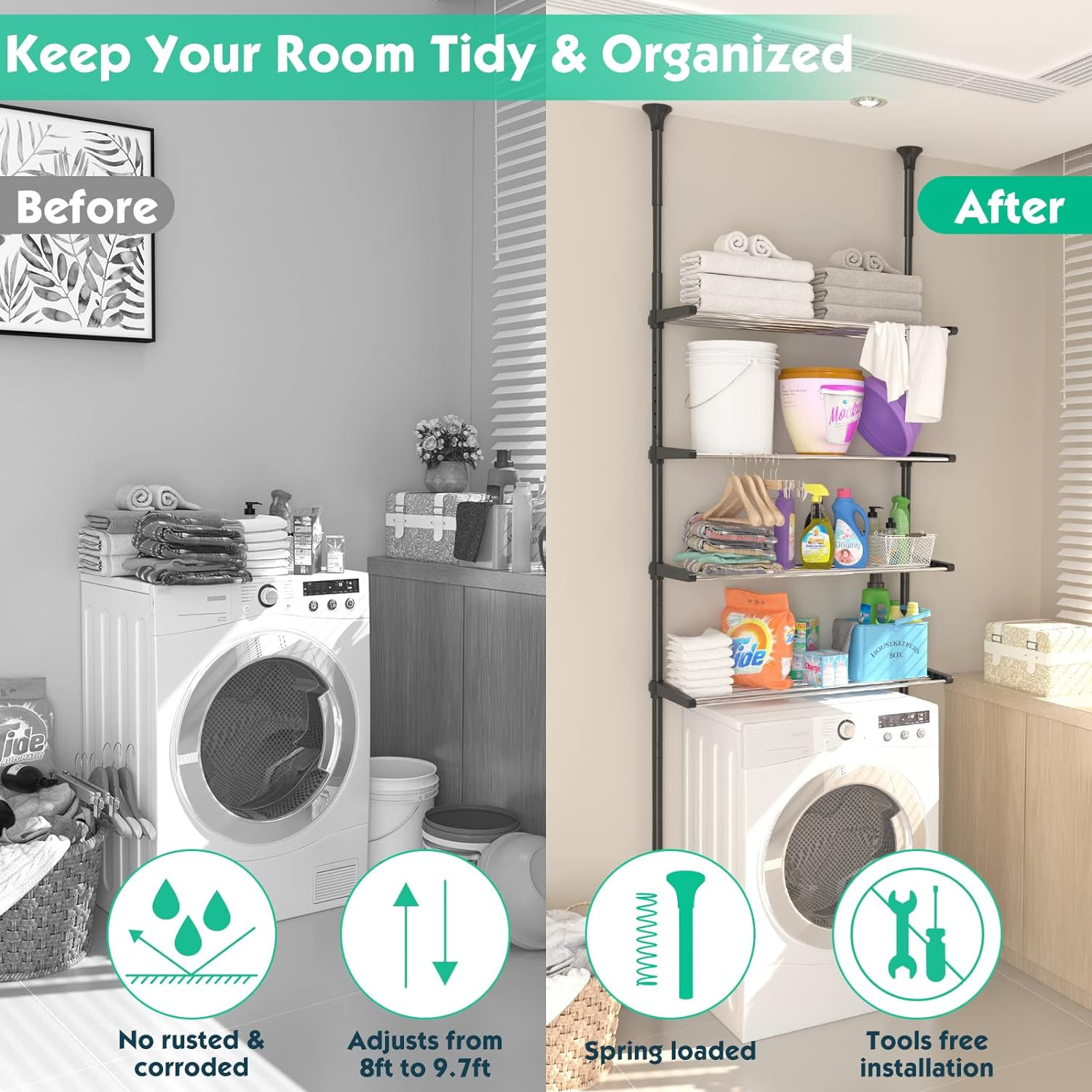 4-Tiers- 97 to 116" Adjust Tension Pole room Toilet Organizer Shelves Rack Black