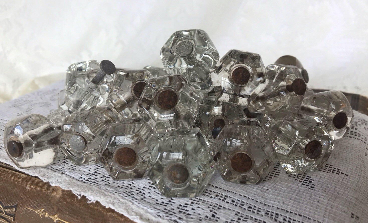 Lot Vintage Solid Clear Glass Drawer Pulls Knobs 6-sided Upcycle Recycle