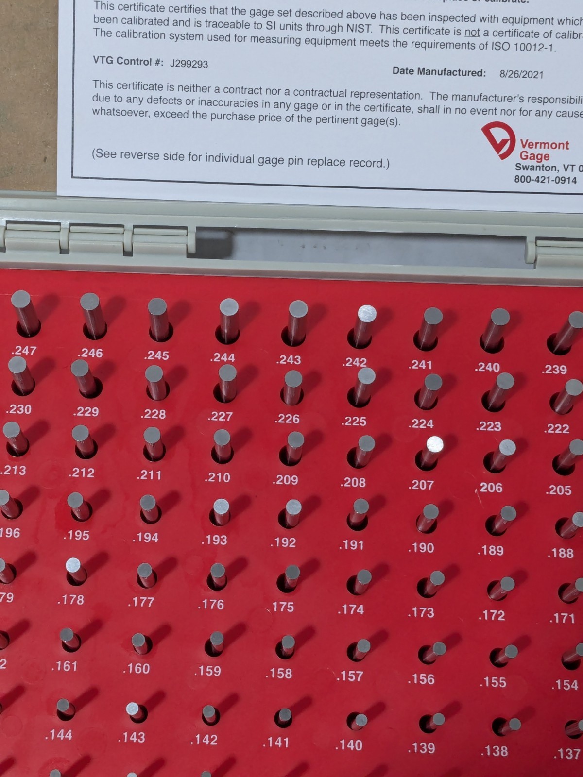 Vermont Gage 190 Pc Class ZZ Plug Gage Set: 0.061 to 0.25" Range 101200400