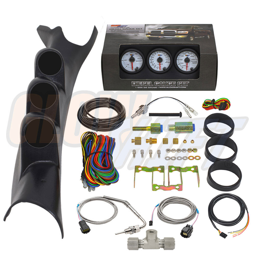 GlowShift W7 Boost EGT Trans Temp Gauges + Black Pod for 03-09 Dodge Ram Cummins