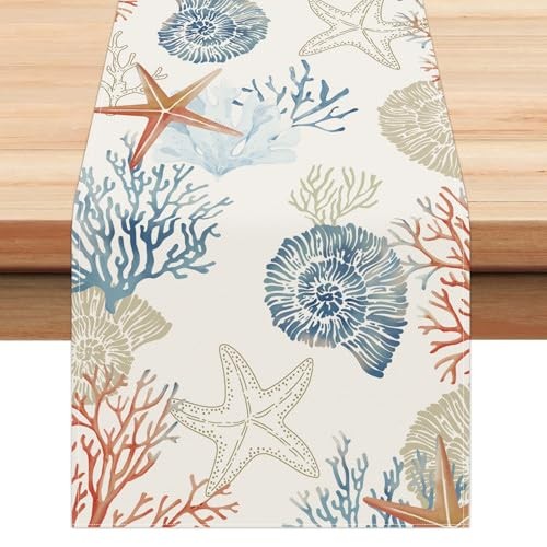 Nautical Coastal Table Runner 13x72 Inch Ocean Themed Coral 13"W x 72"L