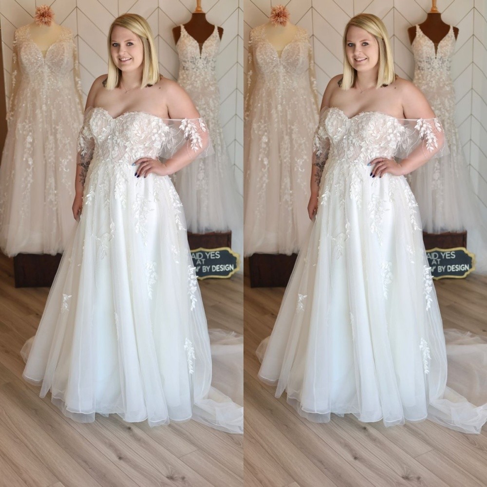 Plus Size Wedding Dresses Off The Shoulder Long Sleeves Lace Beach Bridal Gown