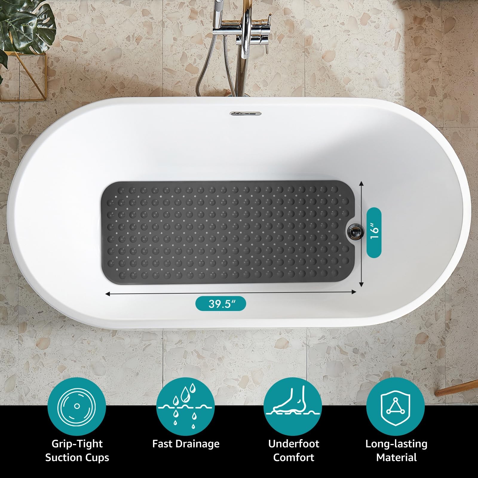 WarmSnow（is TPE, Not PVC） Long Bathtub Mat Non Slip 39.5 x 16 Inch, Inside Sh...
