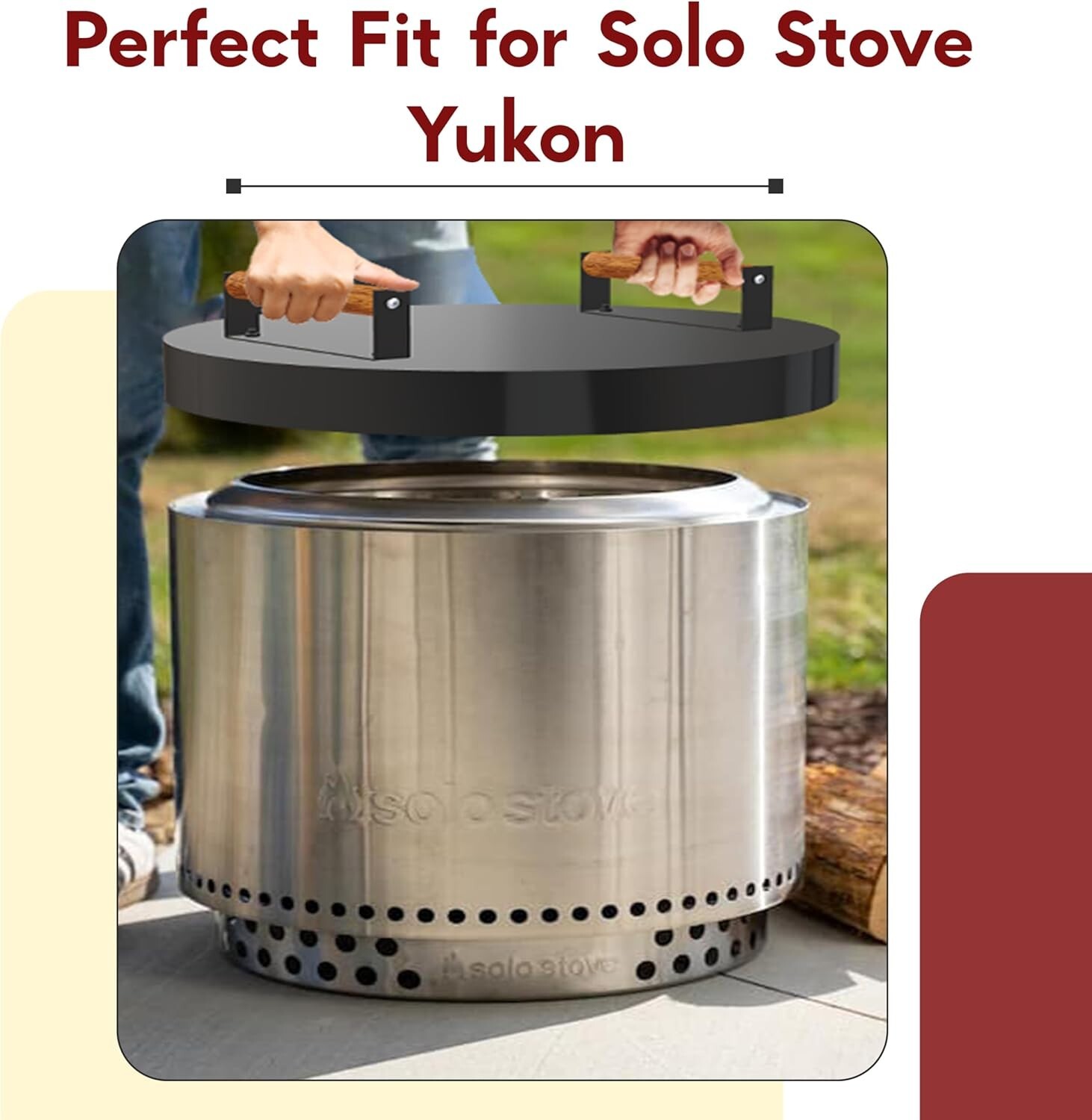 Firepit Snuffer Lid - For Solo Stove Yukon 2.0 & 1.0 - With 2 Wooden Handles