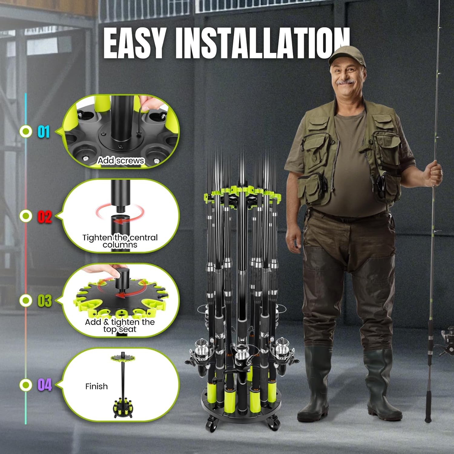 Fishing Rod Holder for Garage, Rod Rack Holds Up to 20 Rods with Rolling Wheels