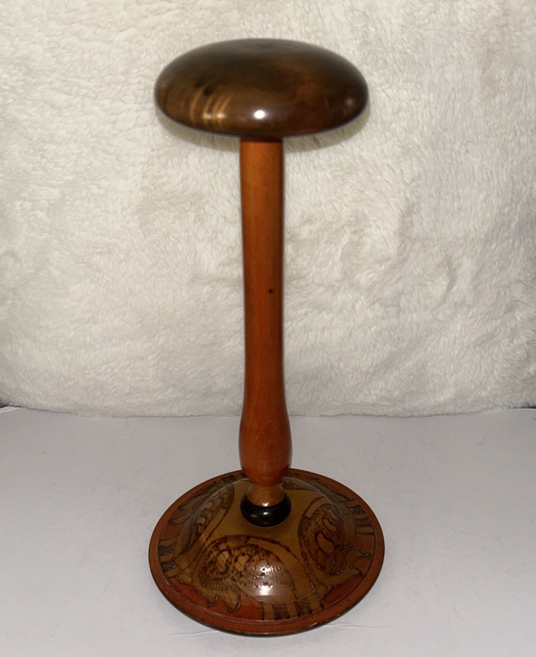 Vintage 9.5” Hat Wig Wood Stand Hand Carved Painted Austria