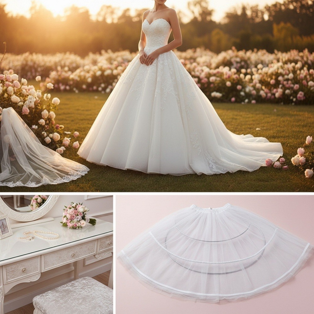 Wedding Crinoline Petticoat with Stiff Tulle 3-Hoop Steel Frame for Full Skirt