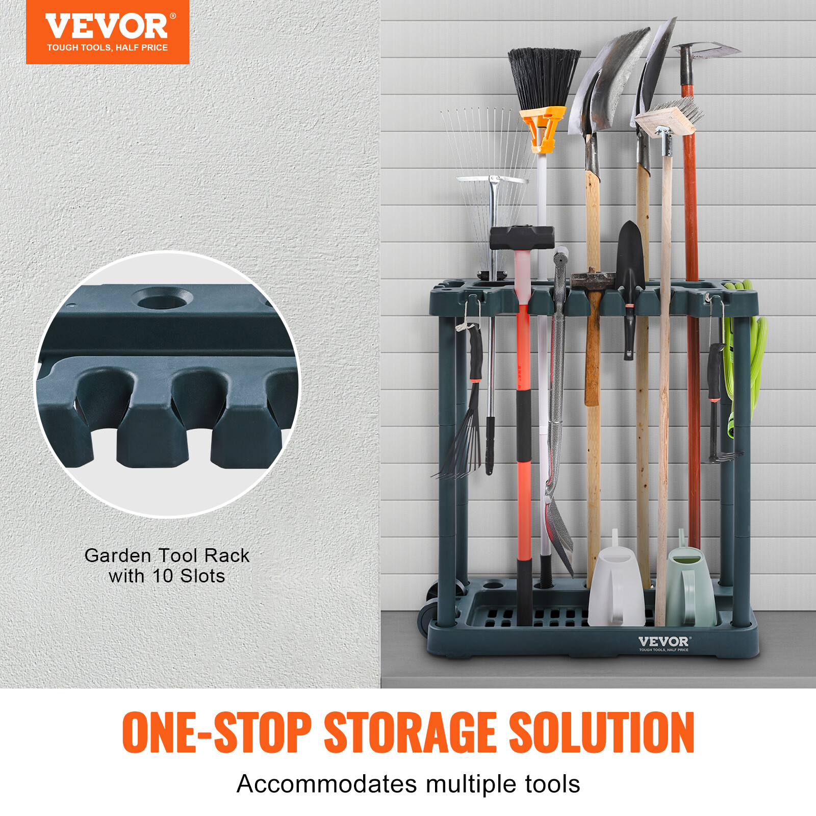 VEVOR Garden Tool Storage Rack Garage Organizer 10 Slots Mop And Broom Holder