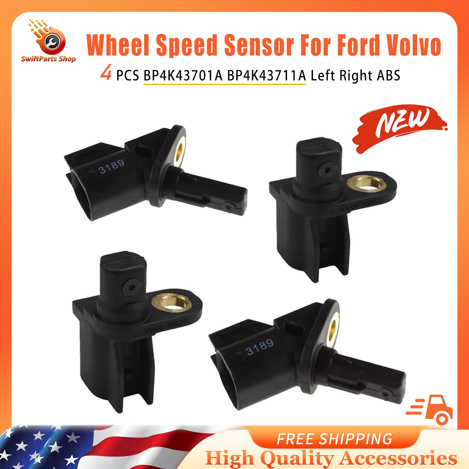 4 ABS Wheel Speed Sensor Front Rear Left&Right For Ford Lincoln Volvo Bp4K43711A