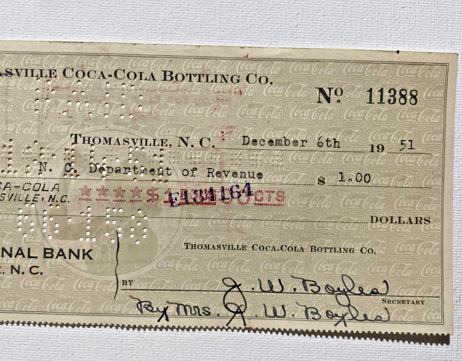 1951 Coca-Cola Bottling CO Coke Canceled Check Thomasville, N.C. National Bank.