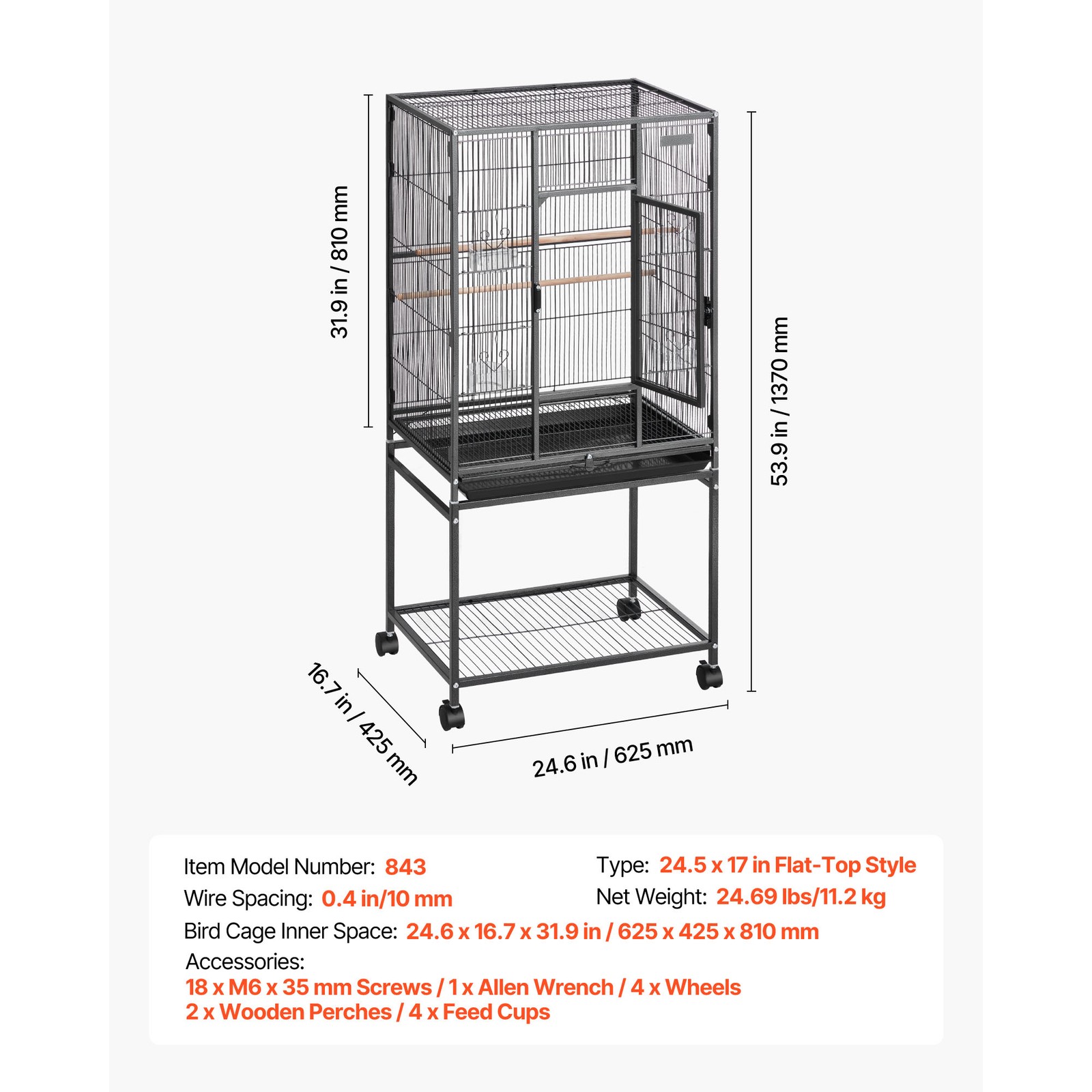 Uimoso Bird Cage with Flat Top, 24.6 x 16.7 x 53.9 inch, Durable Wrought Iron