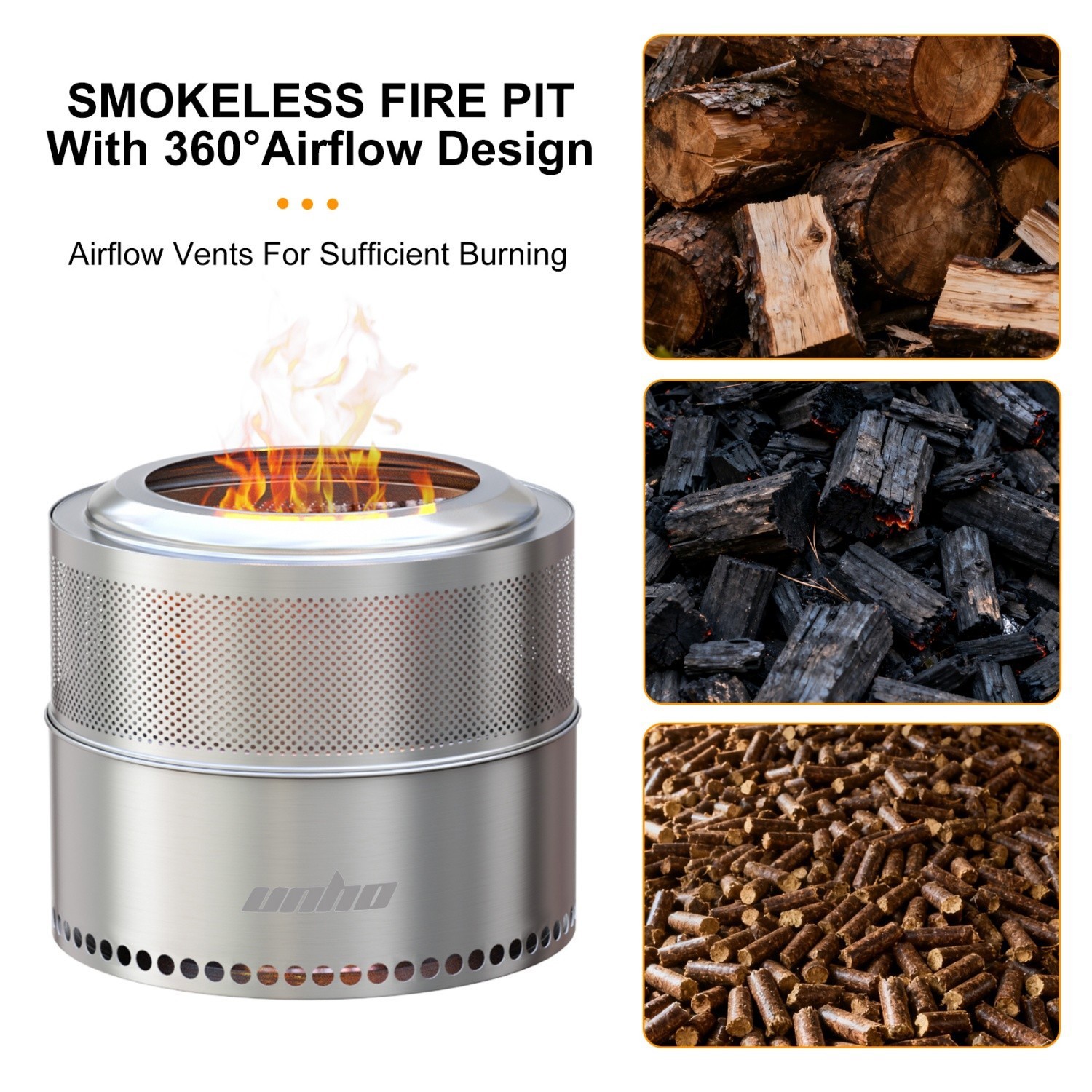 4-6 People 20'' Smokeless Fire Pit Wood Burning Portable Stainless Steel Outdoor