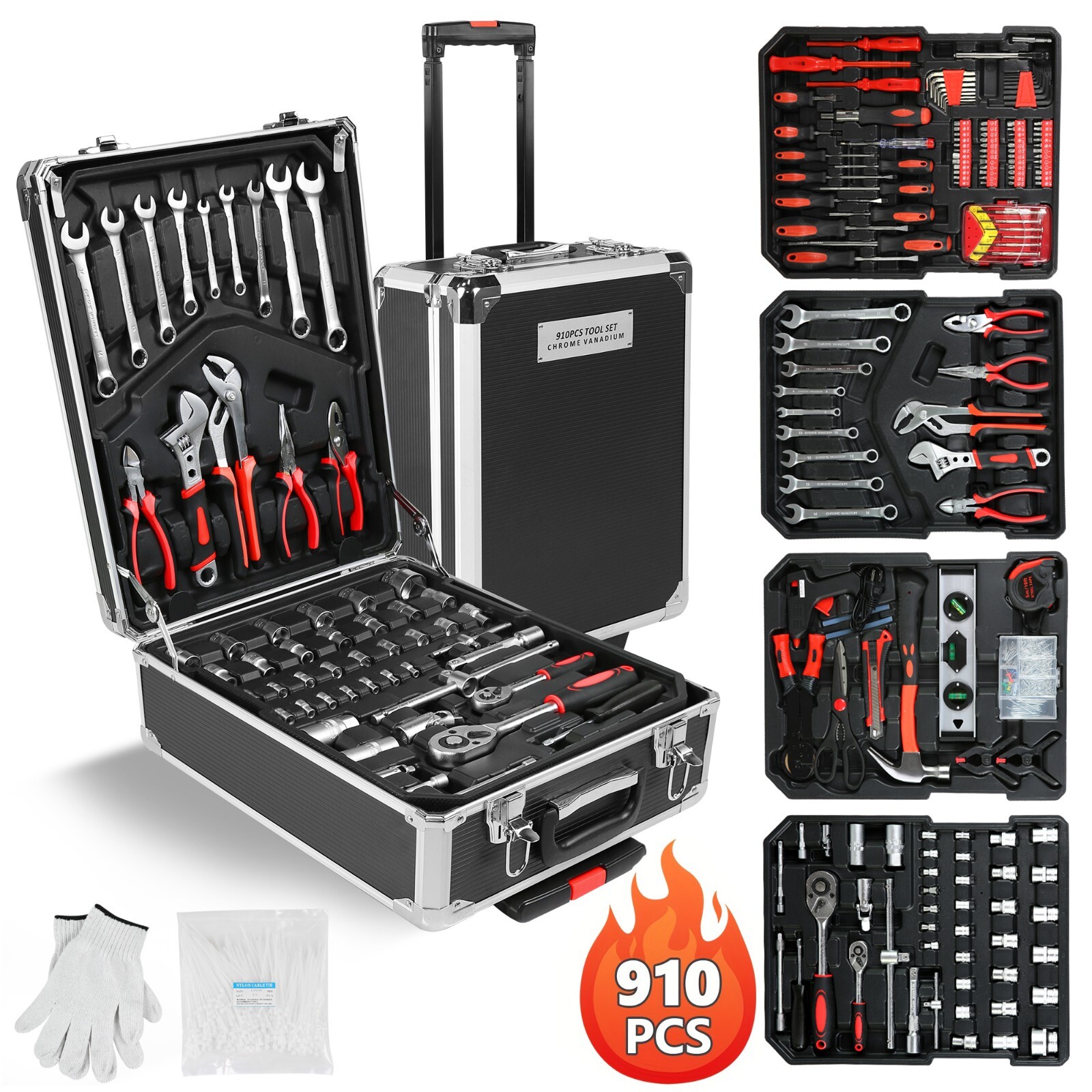 910 Piece Mechanics Tool Set Metric Socket Wrench Set Repair Tool Kit with Case