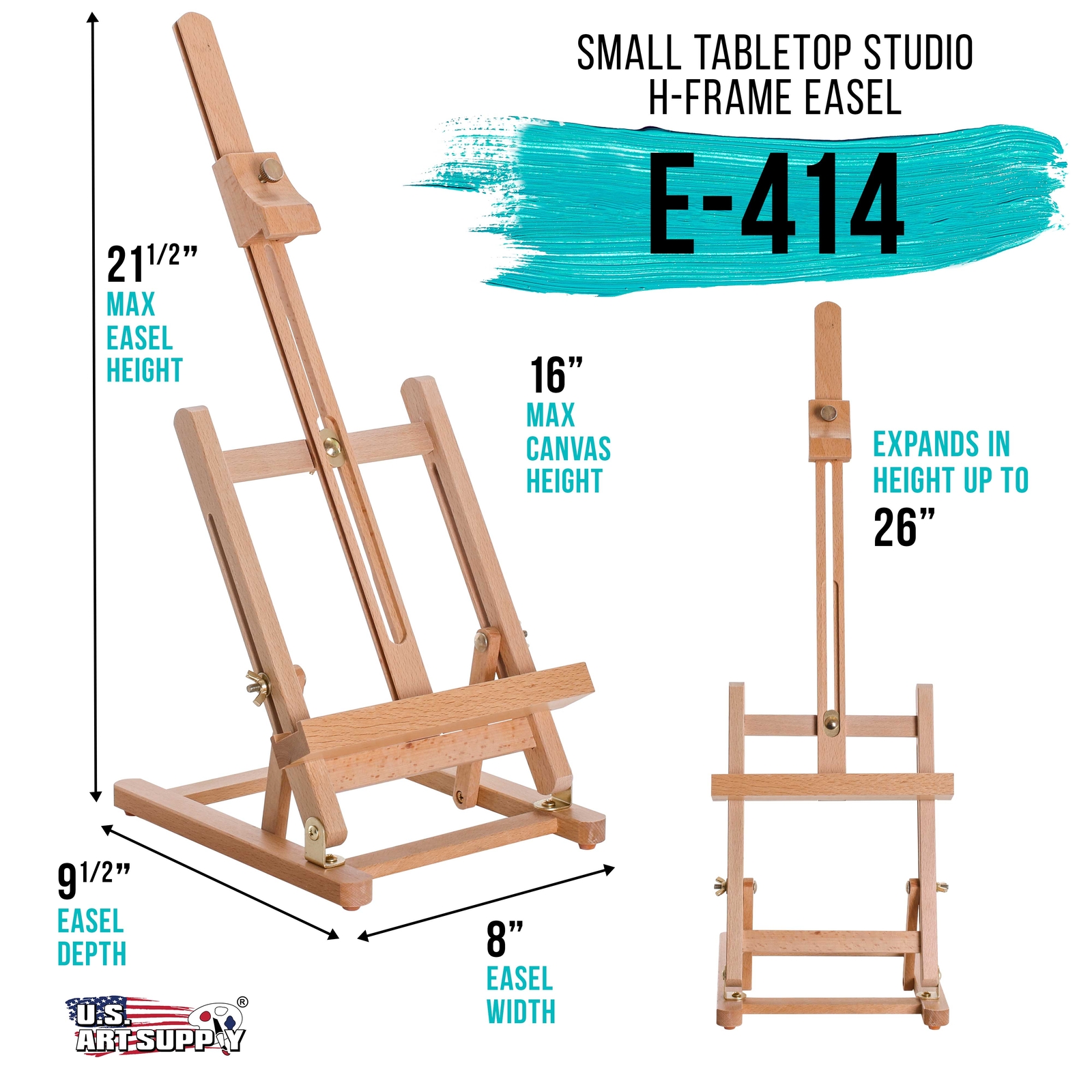 U.S. Art Supply Small Tabletop Wooden H-Frame Studio Easel, Adjustable Beechwood