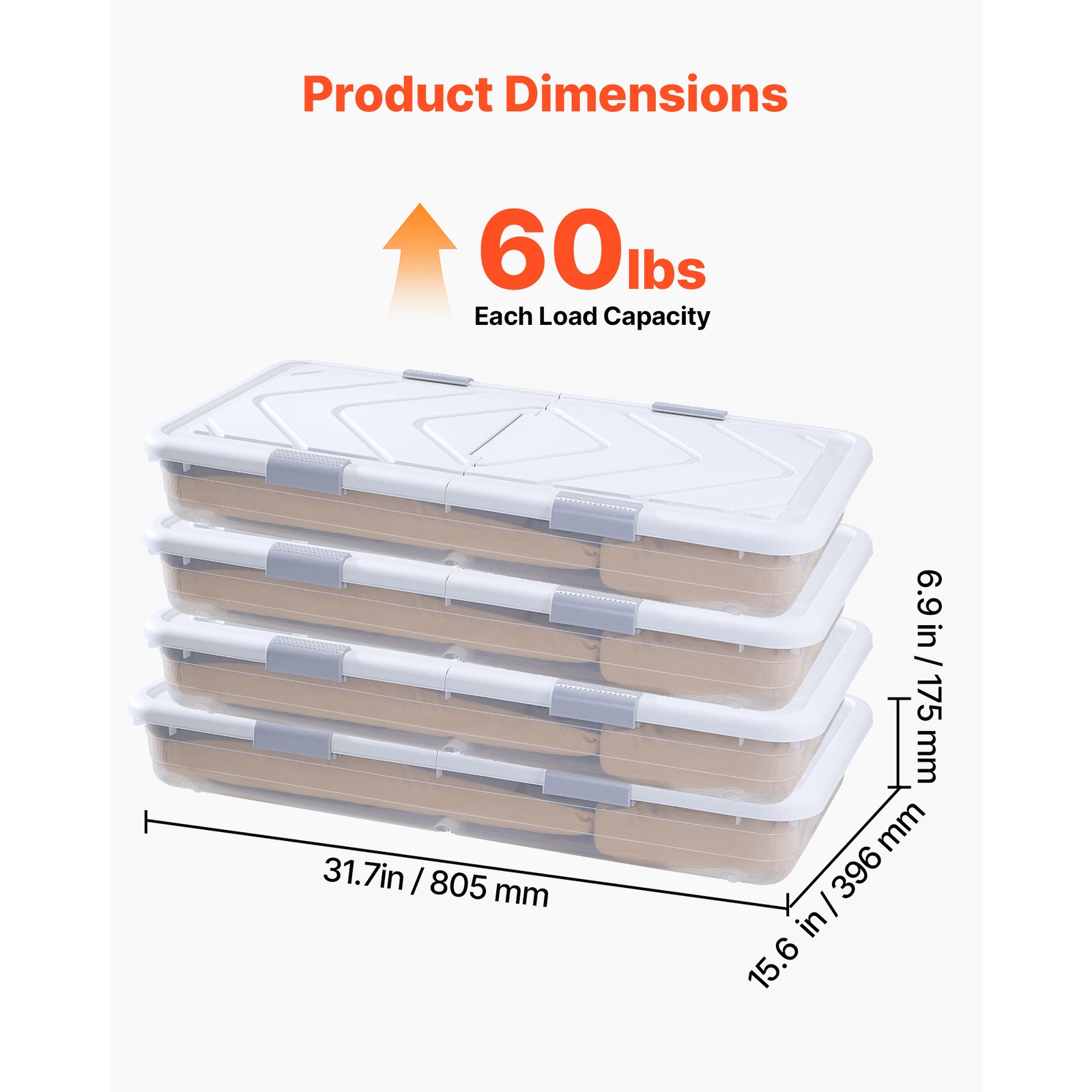 Uimoso Rolling Under-Bed Storage Containers 31.7x15.6x6.9 Inches, Set of 4