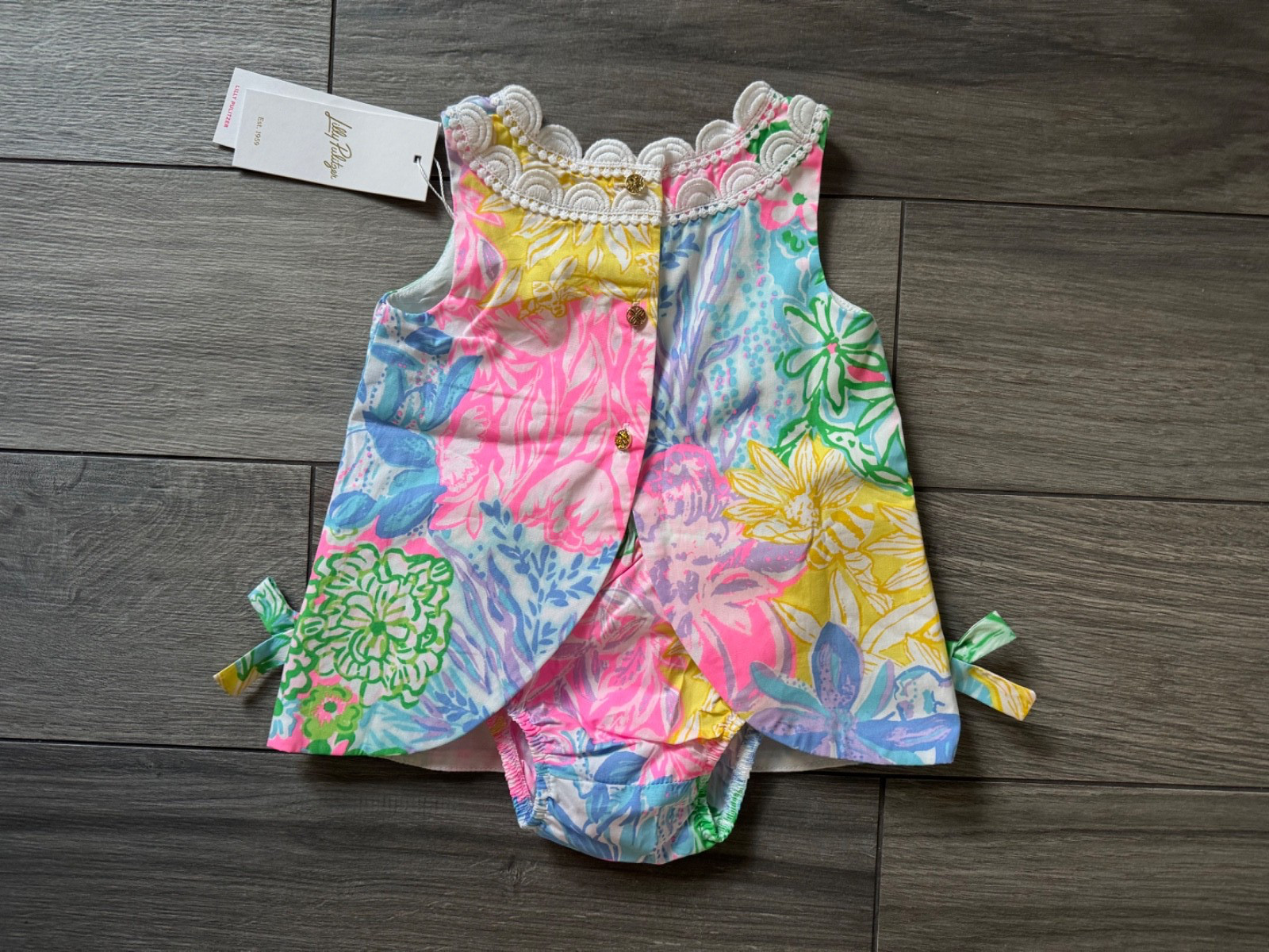 LILLY PULITZER BABY LILLY SHIFT DRESS WITH BLOOMERS, MULTI, PATCH, NWT, 3-6 MOS